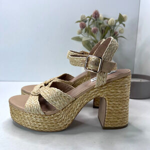 Steve Madden Carisma Raffia Chunky Sandal Heels Ankle Strap Natural Women 11 M